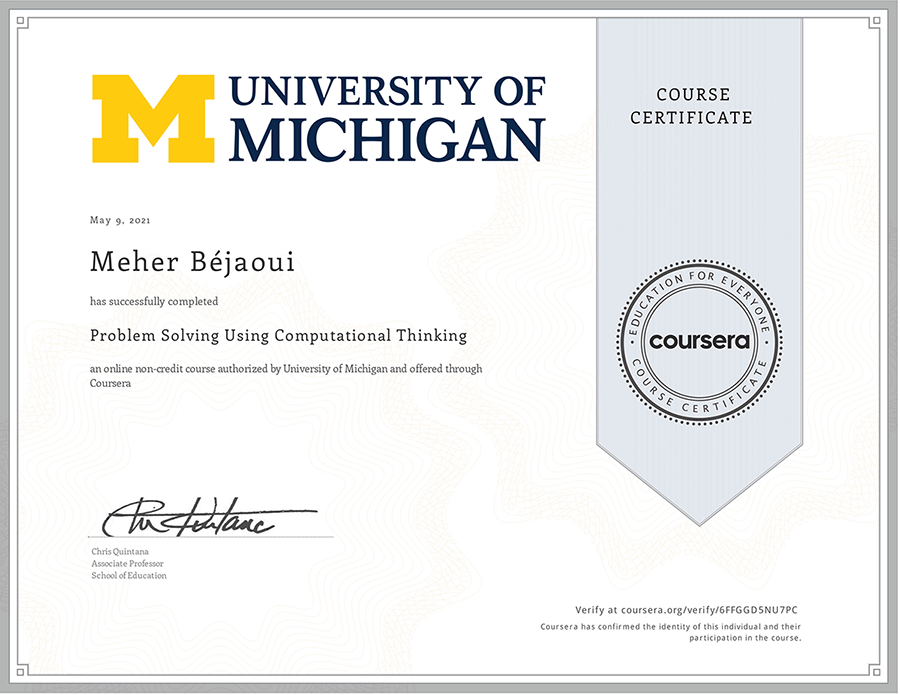 showing coursera certificate for problem solving using computational thinking